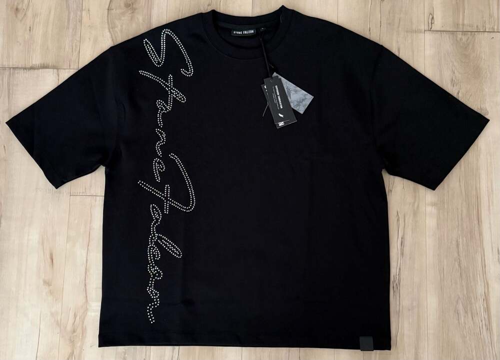 Stone Falcon Men's Rhinestone Script Logo Graphic T-Shirt